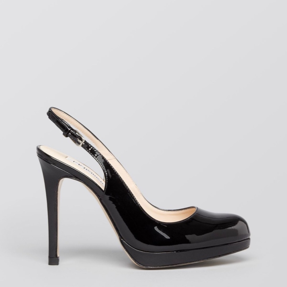 L K Bennett Black patent “Clemmie” stacked heels. Like new! Worn 2 times.